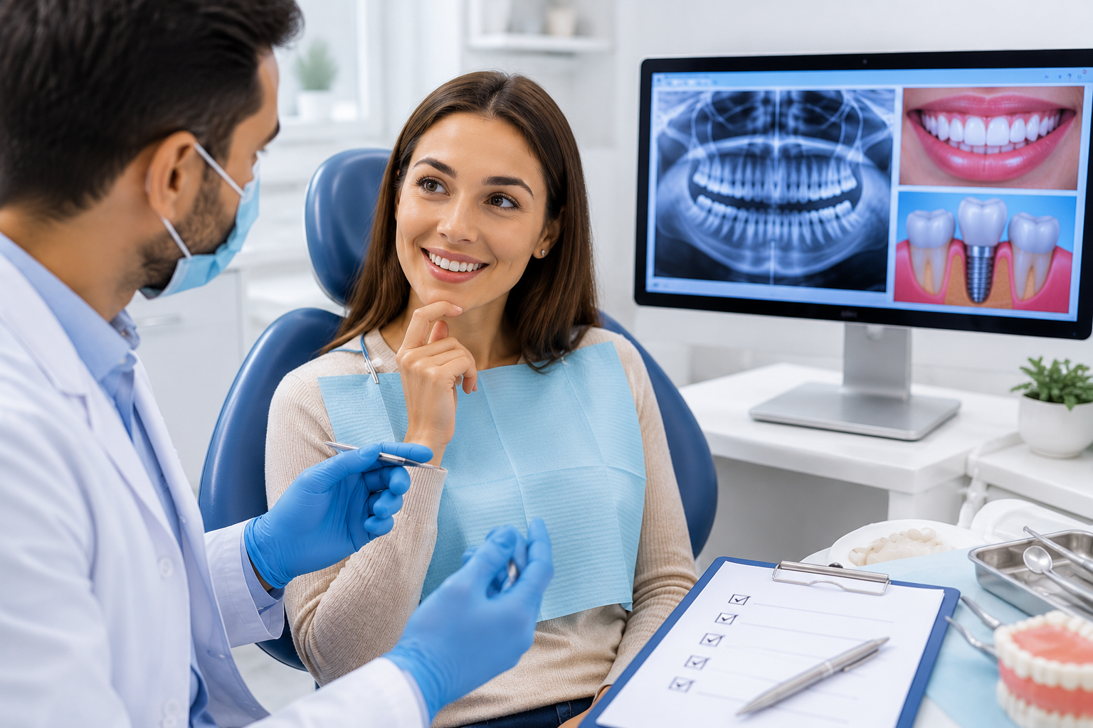 Patient discussing dental treatment questions with a dentist during consultation 